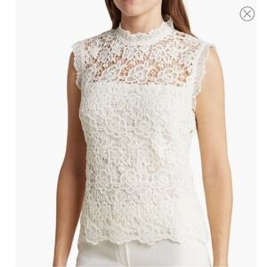 Nanette Lepore Crochet Floral Lace‎ Top Women M White Cottagecore Coquette Mock